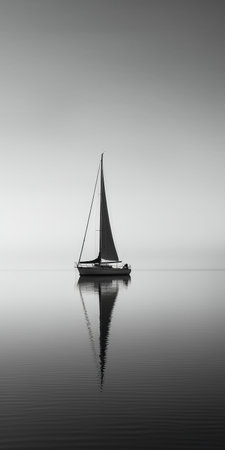 Sailing boat in the sea. Black and white image of a sailboat.の素材