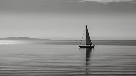 Sailing boat in the sea at sunset. Black and white.の素材