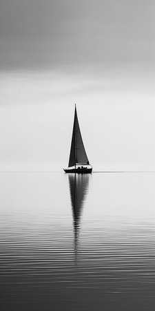 Sailing boat in the calm water. Black and white photo.の素材