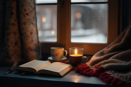 Cup of coffee, book and knitted blanket on windowsill at winter nightの素材