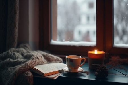 A cup of coffee, a book, a knitted scarf and a candle on the windowsill.の素材