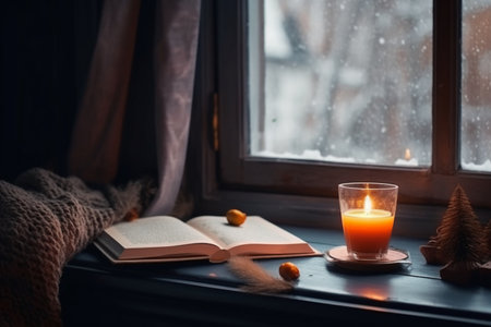 Cozy home interior with burning candle, book and tangerines on windowsillの素材