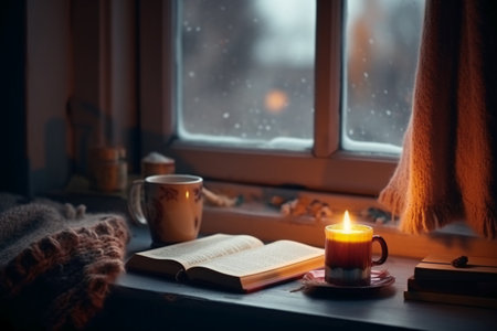 A cup of coffee, a book and a candle on the windowsill.の素材