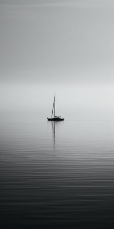 Sailing boat on the lake in the fog. Monochrome.の素材