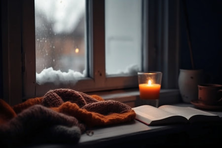 Cozy winter evenings. A cup of hot drink, a book, a knitted sweater and a candle on the windowsill.の素材