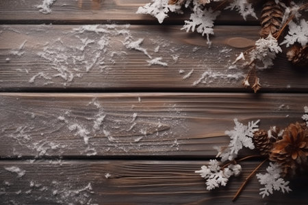 Christmas background with fir cones and snowflakes on wooden planksの素材