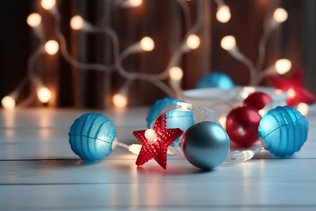 Christmas decoration on wooden table, closeup. Festive lights on backgroundの素材