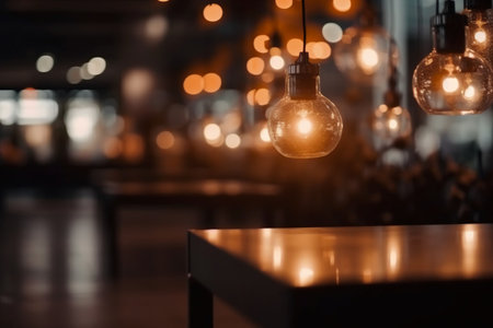 Vintage light bulb on wood table in coffee shop cafe, stock photoの素材