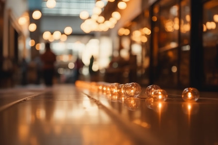 Decorative glass balls on the floor in the restaurant. Bokeh backgroundの素材