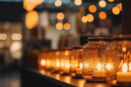 Candles in a glass jar on a shelf in a restaurant.の素材