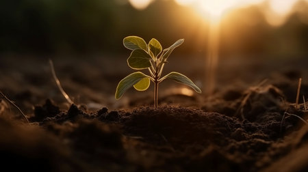 Green plant seedling growing from seed in vegetable garden at sunset timeの素材