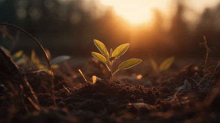 Green seedling growing from seed on blurred nature background with sunlight.の素材
