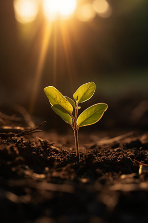 Young green sprout growing from seed on dark soil with sunbeamsの素材