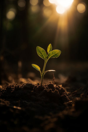 Green sprout growing from soil in the forest at sunset. Nature background.の素材