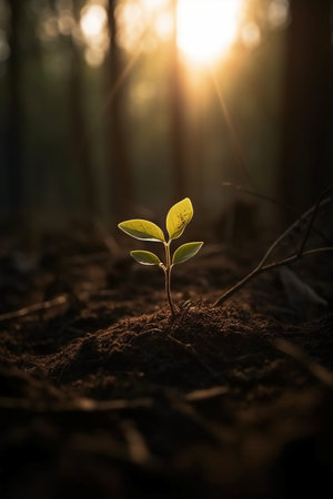 Small tree growing in the forest with sunlight. Earth day concept.の素材