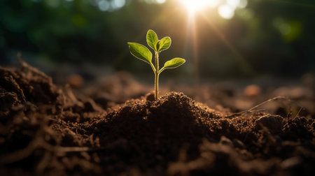 Plant seedling growing from seed in morning light, agriculture conceptの素材