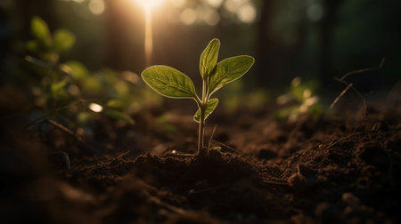 Green seedling illustrating concept of new life in the early stage of lifeの素材