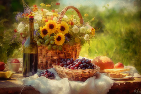 Picnic in the countryside. Picnic basket with fruits and wineの素材