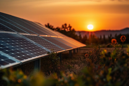Solar panels on a field at sunset. Alternative energy sources. Alternative energy conceptの素材