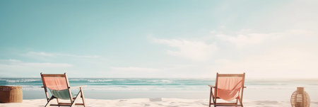 Beach chairs on the sand by the sea, panoramic bannerの素材