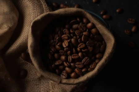 Coffee beans in a burlap sack on a black backgroundの素材