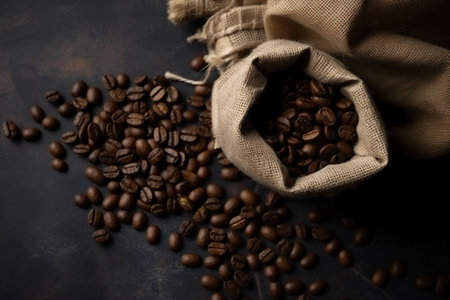 Coffee beans in a burlap bag on a dark backgroundの素材