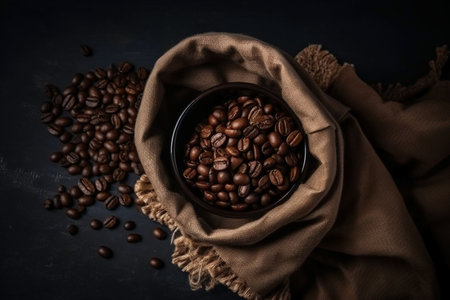Coffee beans in a black bowl on a dark background.の素材