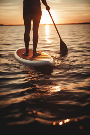 Silhouette of a young woman on a stand up paddleboard at sunsetの素材