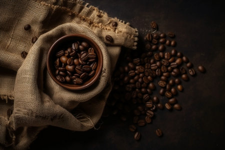 Coffee beans in bowl and sackcloth on rustic backgroundの素材