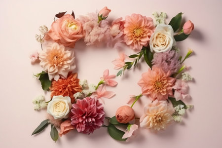 Flower wreath on pink background. Flat lay, top viewの素材