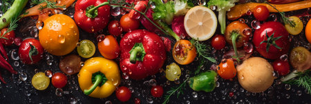 Variety of fresh vegetables with water drops, panoramic shotの素材