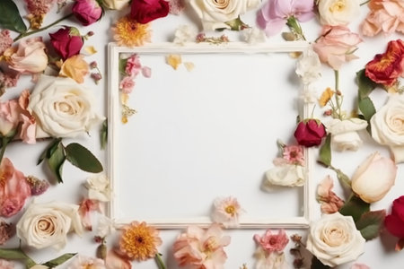 Flowers composition. Frame made of flowers on white background. Flat lay, top view, copy spaceの素材