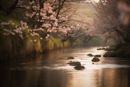 Cherry blossoms in full bloom on the bank of the riverの素材