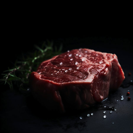 Raw fresh beef steak with rosemary and sea salt on black backgroundの素材