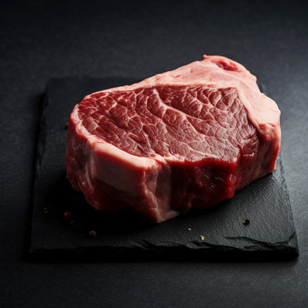 Raw beef steak on black slate board. Black background. Top view.の素材