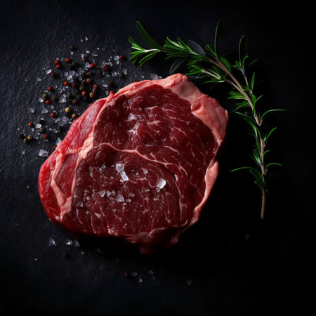 Raw fresh beef steak with rosemary and spices on a black backgroundの素材