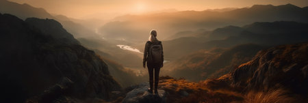 Digital composite of Backpacker standing on top of mountain during sunsetの素材