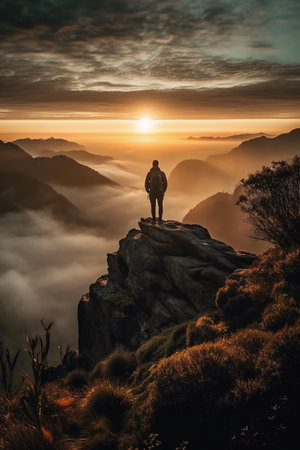 Hiker on the top of a mountain at sunrise. beautiful landscapeの素材