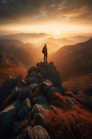 Man standing on the edge of a cliff in the mountains at sunsetの素材