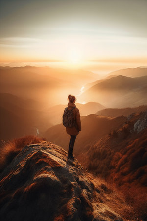 Young woman standing on the top of the mountain and looking at the sunriseの素材