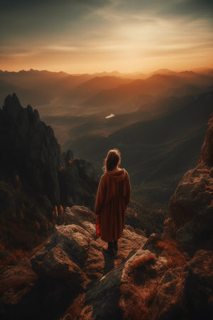 Young woman standing on the edge of a cliff and looking at the sunsetの素材