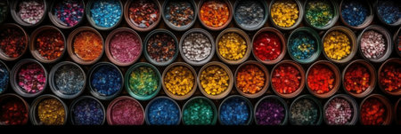 Colorful paints in jars on dark background, top view, copy spaceの素材