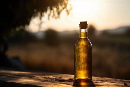A bottle of olive oil on a wooden table against the background of sunsetの素材