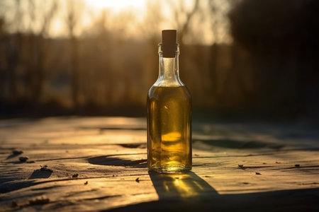 Bottle of olive oil on a wooden table in the sunlight.の素材