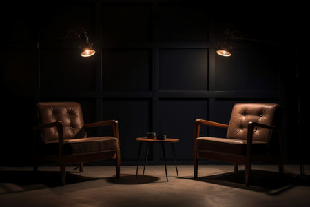 Two leather armchairs in a dark room with lamps on the wallの素材