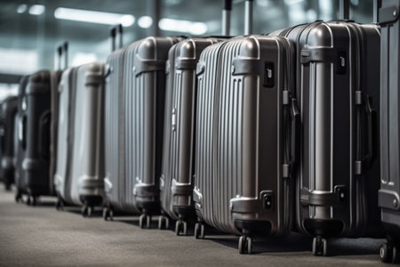 Row of luggage in airport terminal. Selective focus with shallow depth of field.の素材