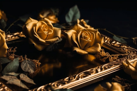 golden rose flowers and vintage mirror on black background, closeupの素材