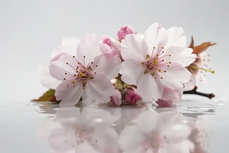 cherry blossom on a white background with reflection in the waterの素材