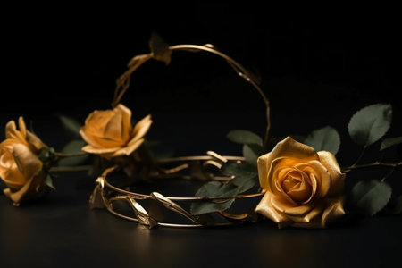 Wedding rings and yellow roses on black background, copy spaceの素材