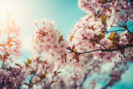 Beautiful cherry blossom in spring time on blue sky background.の素材